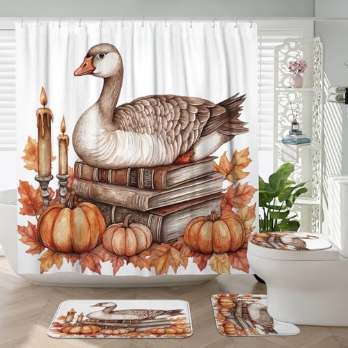 DESIHOM 4PCS Fall Goose Shower Curtain Set 72x72 with Hooks and Bathroom Accessory Kit