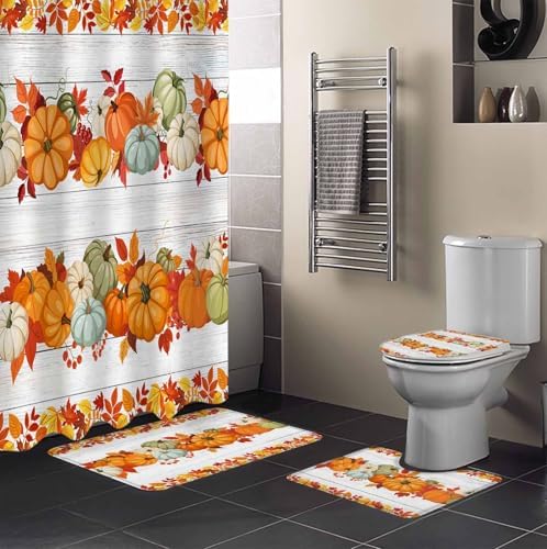 Thanksgiving Pumpkin 4 Piece Shower Curtain Set with Non-Slip Rugs