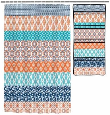 Geometric Stripe Shower Curtain with 10 Pockets and Hooks