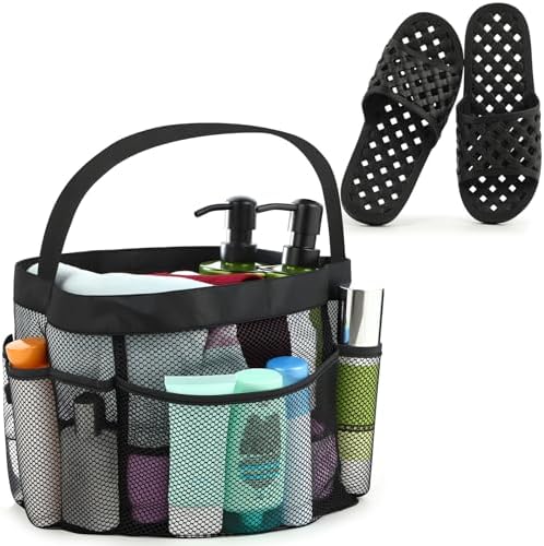 2 Pcs Mesh Shower Caddy and Non-Slip Slippers for Dorm Beach Pool Gym