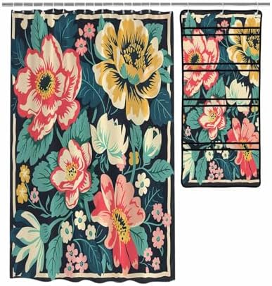 ZFUNCING Garden Watercolor Floral Shower Curtain with Hooks Organizer Set