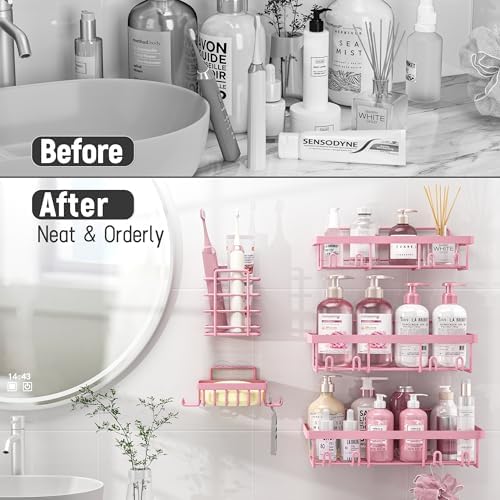 10 Pack Shower Caddy Organizer with Rustproof Stainless Steel Shampoo Holder and Wall Storage Basket Pink