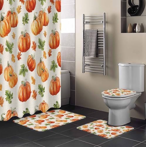 Thanksgiving Pumpkin 4 Pc Shower Curtain Set with Non-Slip Rugs 1