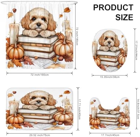 DESIHOM 4PCS Fall Cavachon Shower Curtain Set with Non-Slip Rug and Hooks