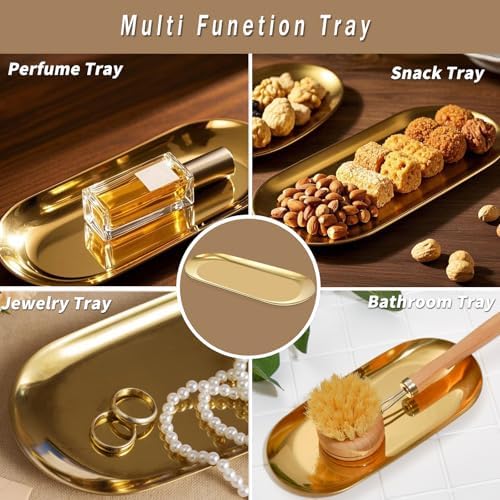 Wozoohyi Gold Decorative Tray 2 Pack Stainless Steel Vanity Tray for Bathroom Jewelry Storage