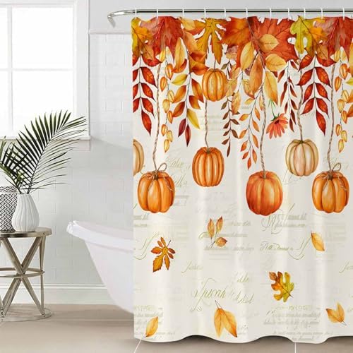 Thanksgiving Orange Pumpkin Shower Curtain Set with Non-Slip Rugs