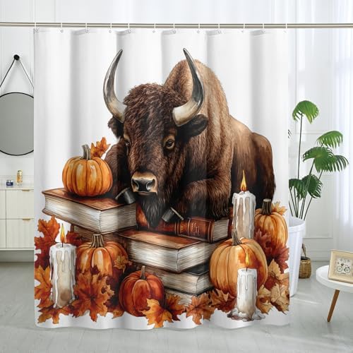 DESIHOM Fall Bisons Pumpkins Shower Curtain Set