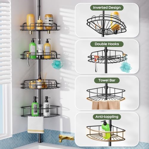 HAMITOR 4-Tier Shower Caddy Tension Pole - Rustproof Black Bathroom Shelf Organizer