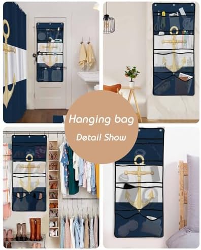 Gold Sea Anchor Blue and White Waterproof Shower Curtain with Mesh Organizer and 15 Hooks