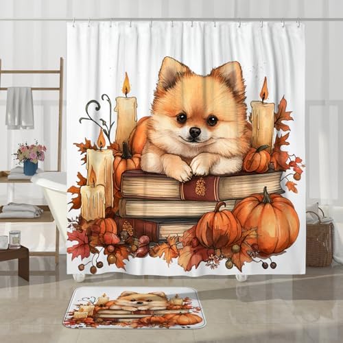 DESIHOM 4PCS Fall Shower Curtain Set with Hooks Non-Slip Rug and Toilet Lid Cover Mat