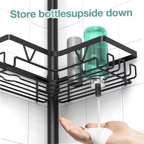 KEGII 4-Tier Floor and Wall Mount Shower Caddy with Hooks and Soap Holder Rustproof Corner Organizer Black
