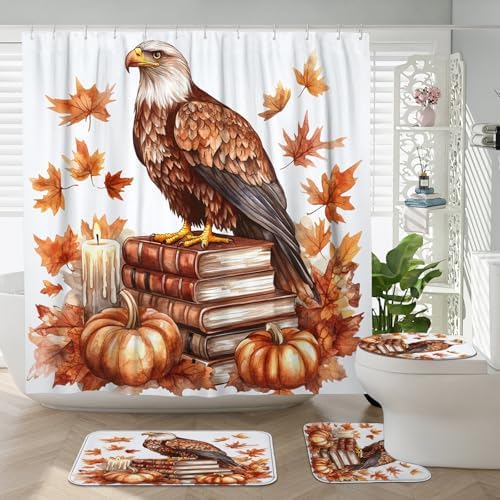 DESIHOM 4PCS Fall Eagle Bird Shower Curtain Set with Non-Slip Rug and 12 Hooks