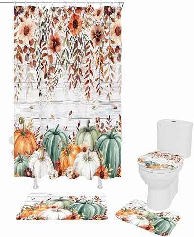 Fall Pumpkin 4 Pc Waterproof Shower Curtain Set with Non-Slip Rugs