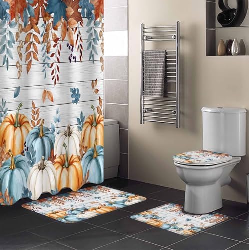 Harvest Pumpkin Shower Curtain Set with Non-Slip Rugs 4 Pcs