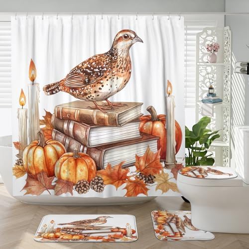DESIHOM 4PCS Fall Quail Bird Shower Curtain Set with Non-Slip Rug and Toilet Lid Cover Mat