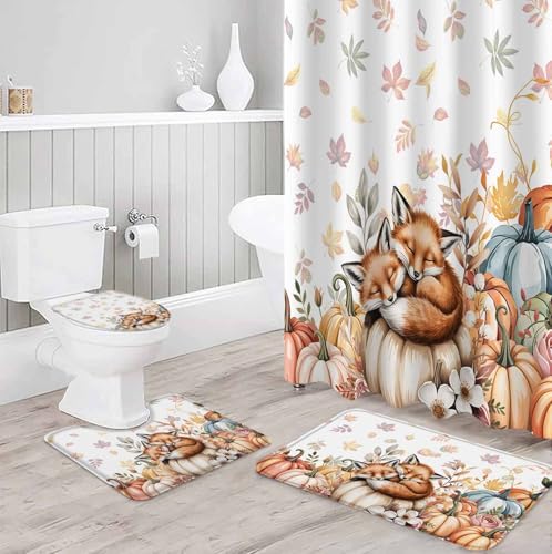 Fall Pumpkin Fox 4 Piece Waterproof Shower Curtain Set