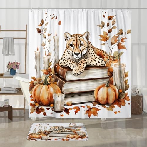 DESIHOM 4PCS Fall Leopards Shower Curtain Set with Hooks and Bath Mat