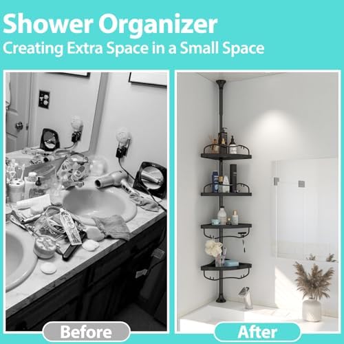 Adjustable Corner Shower Caddy with 4 Layers and Rustproof Metal Tension Pole Black