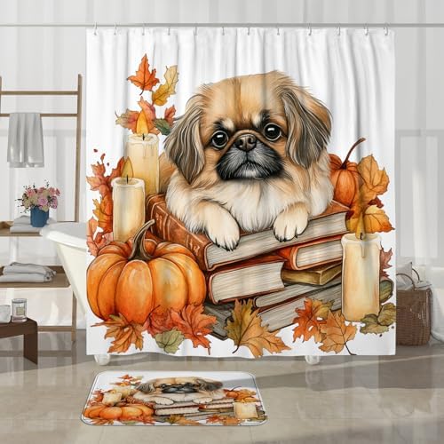 DESIHOM 4PCS Fall Pekingese Dog Shower Curtain Set with Non-Slip Rug and Toilet Lid Cover Mat