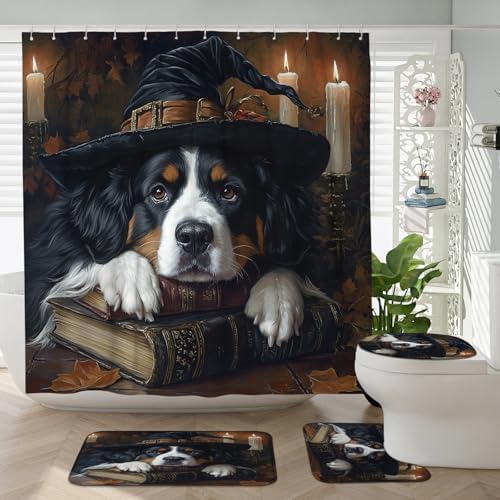 4PCS Halloween Witch Bathroom Set with Non-Slip Rug and U Shape Toilet Lid Cover