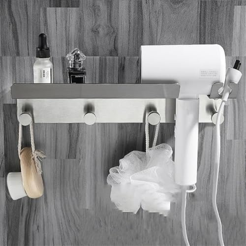 Brushed Stainless Steel Bathroom Rack with 4 Hooks and Hair Dryer Holder