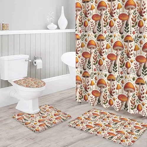 Thanksgiving 4 Pcs Waterproof Shower Curtain Set with Non-Slip Mats and Rugs