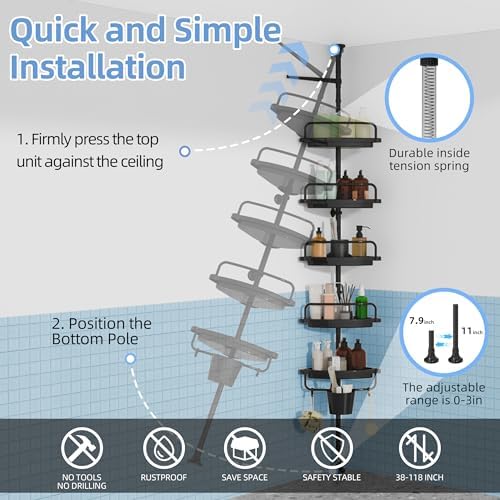Corner Shower Caddy Tension Pole 5 Tier Black Organizer
