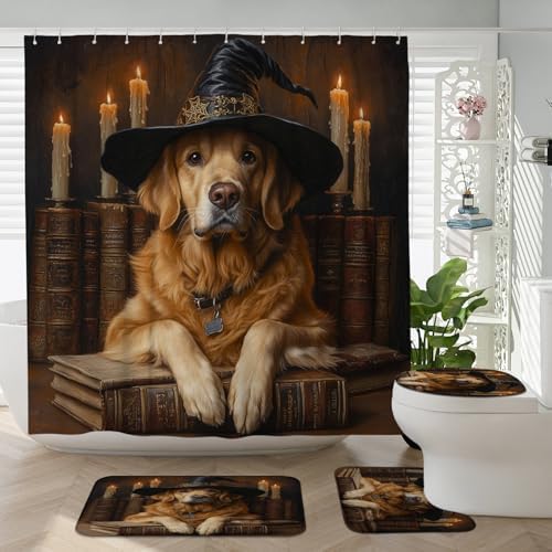 4PCS Halloween Witch Dog Bathroom Set with Non-Slip Rug and U Shape Cover
