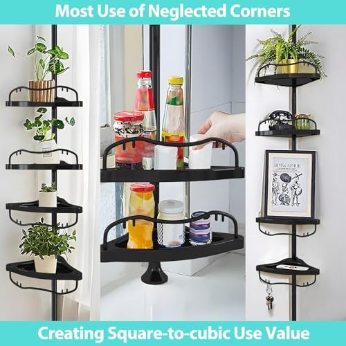 Adjustable Corner Shower Caddy with 4 Layers and Rustproof Metal Tension Pole Black
