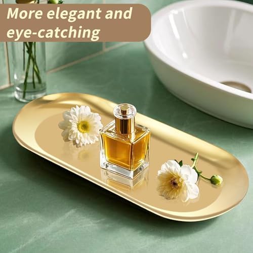 Wozoohyi Gold Decorative Tray 2 Pack Stainless Steel Vanity Tray for Bathroom Jewelry Storage