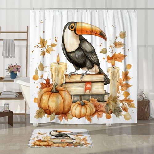 DESIHOM 4PCS Fall Toucan Bird Shower Curtain Set with Non-Slip Rug and Hooks
