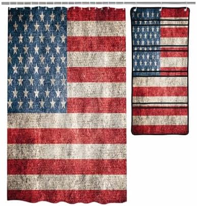 ZFUNCING Vintage Flag Shower Curtain Set with Mesh Organizer and Hooks