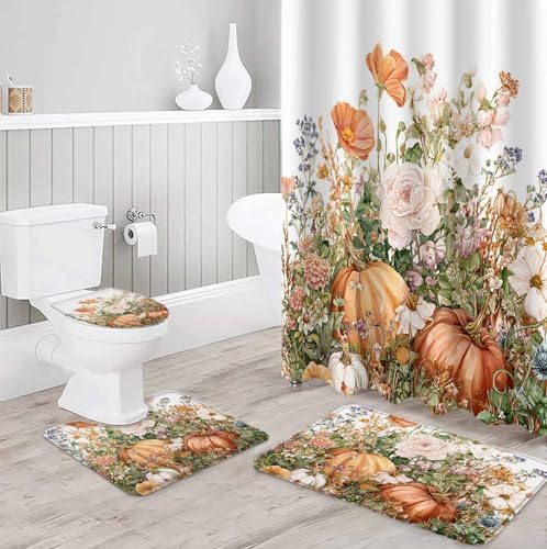 Thanksgiving Flowers Pumpkin Shower Curtain Set 4 Pcs