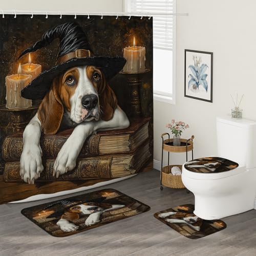 4PCS Halloween Witch Foxhound Dog Bath Set with Non-Slip Rug