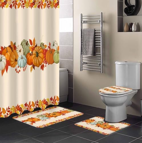Thanksgiving Pumpkin 4 Pc Shower Curtain Set with Non-Slip Rugs