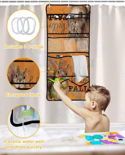 Autumn Squirrel Shower Curtain Set with 10 Pockets and Hooks