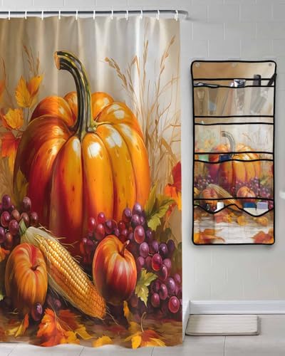 QueenKer Shower Curtain Set with Mesh Organizer Fall Harvest 66x72 Hanging Caddy