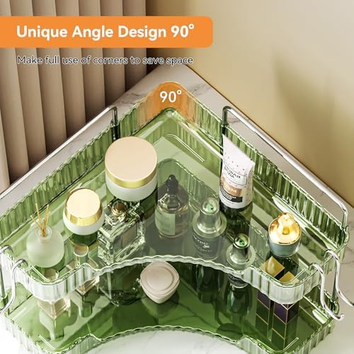 2 Tier Corner Bathroom Organizer with Hooks and Trays Green