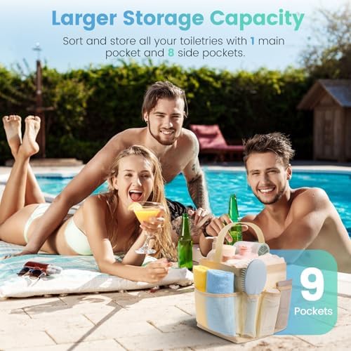 Mesh Shower Caddy with 9 Pockets for Dorm Room and Travel Essentials - Beige