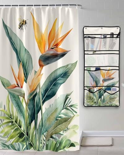 Shower Curtain with Mesh Organizer and Hooks 1