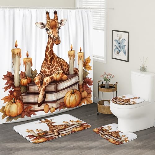 4PCS Fall Giraffe Pumpkins Shower Curtain Set with Non-Slip Rug and Toilet Lid Cover Mat