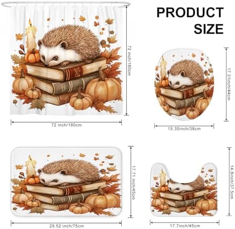DESIHOM 4PCS Fall Hedgehog Shower Curtain Set with Hooks Bath Mat U Shape and Toilet Lid Cover Mat