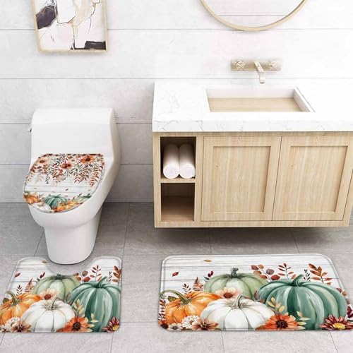 Fall Pumpkin 4 Pc Waterproof Shower Curtain Set with Non-Slip Rugs