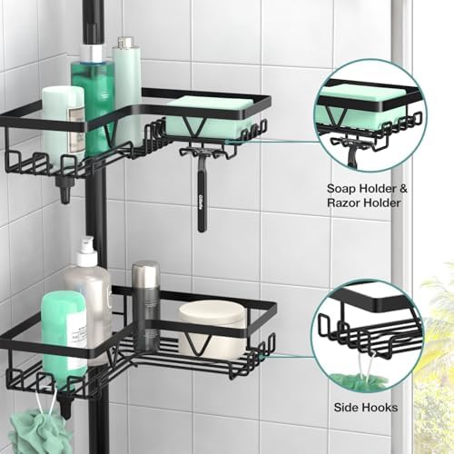 KEGII 4-Tier Floor and Wall Mount Shower Caddy with Hooks and Soap Holder Rustproof Corner Organizer Black