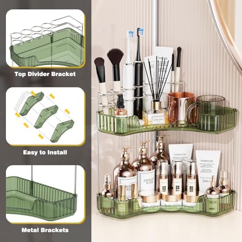 2-Tier Corner Bathroom Organizer with Brush Holder and Toothbrush Racks