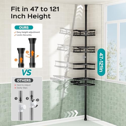 HAMITOR Corner Shower Caddy Tension Pole - 4 Tier Bathroom Organizer Shelves Black