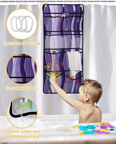 ZFUNCING Abstract Purple Gradient Ocean Waves Shower Curtain Set with Hooks and Organizer