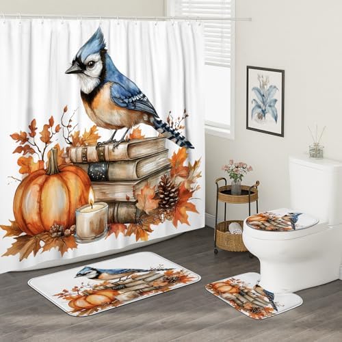DESIHOM 4PCS Fall Blue Jay Bird Shower Curtain Set with Hooks and Bath Mat