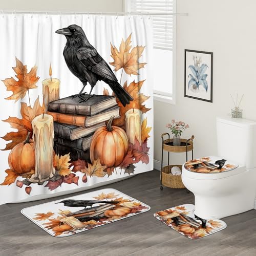 DESIHOM 4PCS Fall Crow Ravens Bird Shower Curtain Set 72x72 with Hooks and Bath Mat Accessories