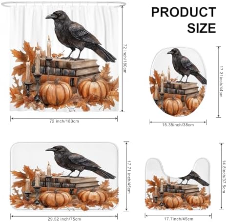 DESIHOM 4PCS Fall Crow Ravens Bird Shower Curtain Set with Non-Slip Rug and Hooks